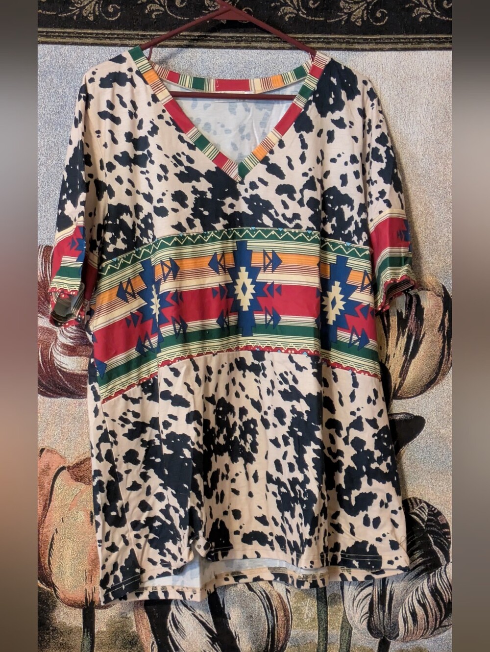 Southern Stitch Women’s V-Neck Cow Print Top in Black, Red & Green